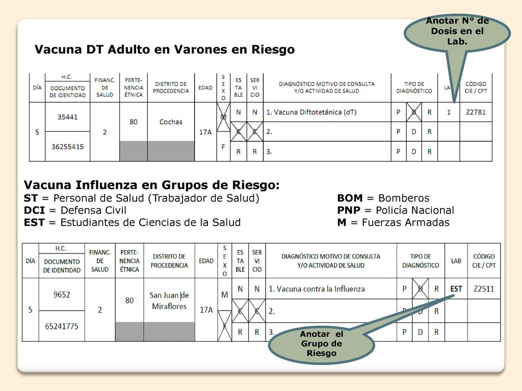 Anotar N° de Dosis en el Lab. Anotar el Grupo de Riesgo