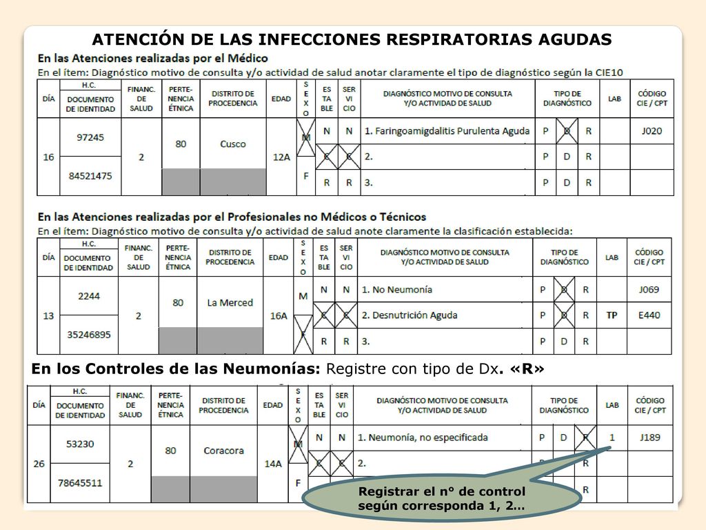 Registrar el n° de control según corresponda 1, 2…