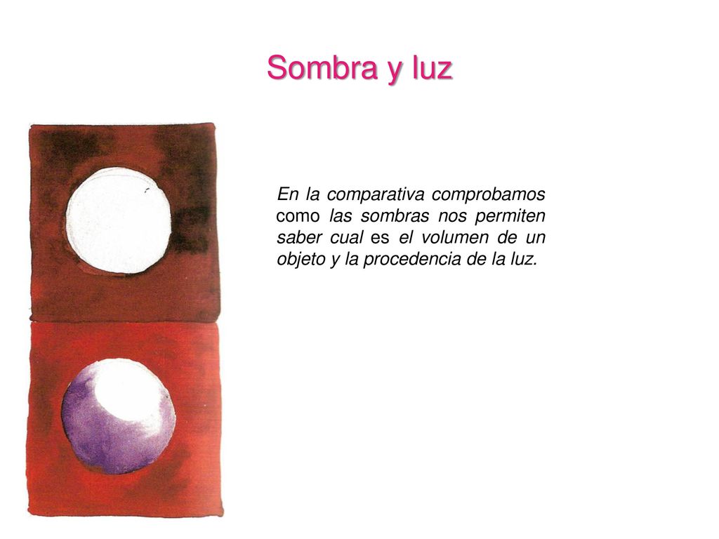 Sombra y luz En la comparativa comprobamos como las sombras nos permiten saber cual es el volumen de un objeto y la procedencia de la luz.
