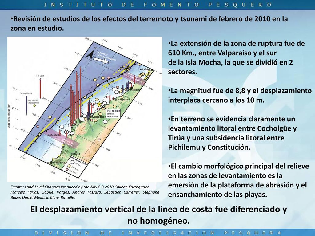 Revisión de estudios de los efectos del terremoto y tsunami de febrero de 2010 en la zona en estudio.