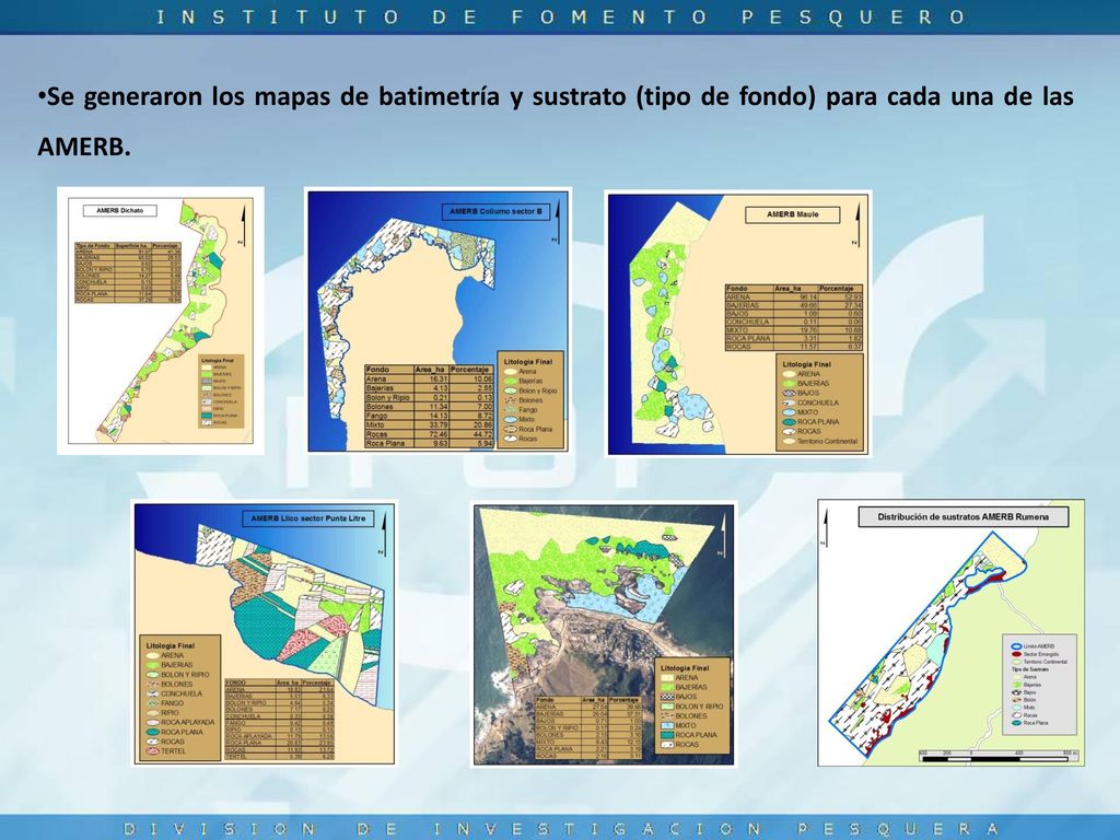 Se generaron los mapas de batimetría y sustrato (tipo de fondo) para cada una de las AMERB.