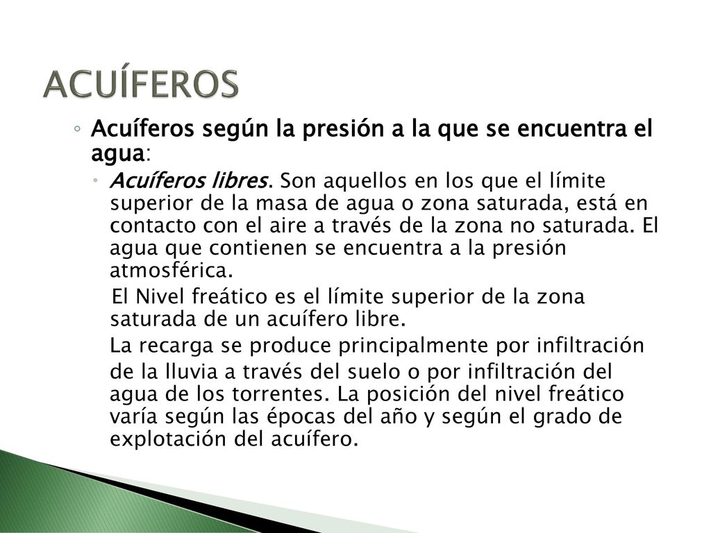 ACUÍFEROS Acuíferos según la presión a la que se encuentra el agua: