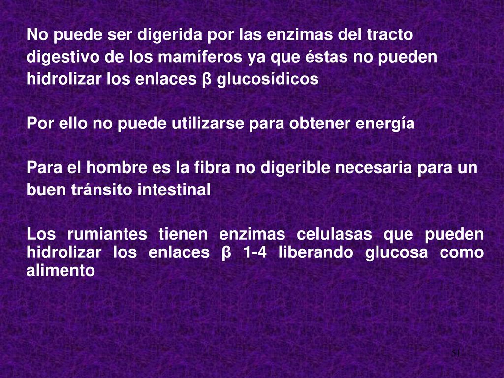 No puede ser digerida por las enzimas del tracto