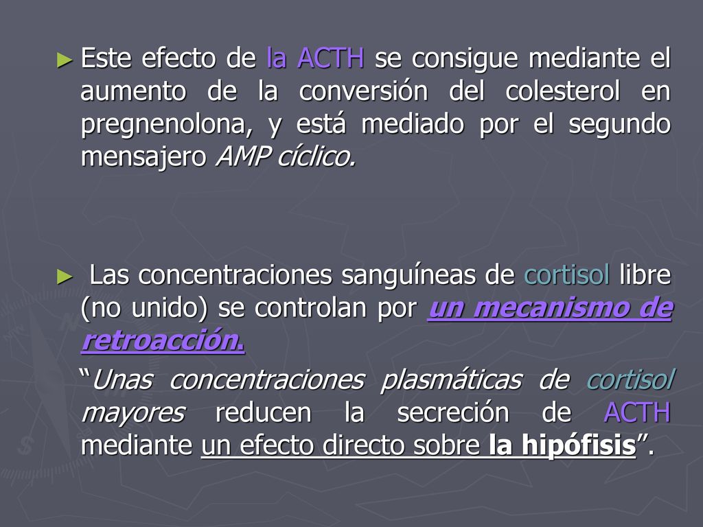 Este efecto de la ACTH se consigue mediante el aumento de la conversión del colesterol en pregnenolona, y está mediado por el segundo mensajero AMP cíclico.