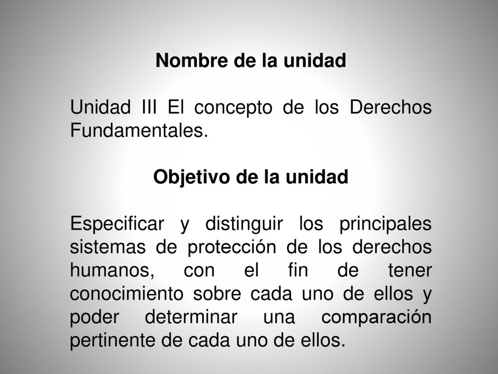 Nombre de la unidad Unidad III El concepto de los Derechos Fundamentales. Objetivo de la unidad.
