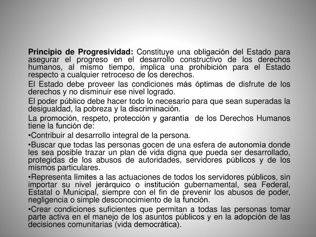 Principio de Progresividad: Constituye una obligación del Estado para asegurar el progreso en el desarrollo constructivo de los derechos humanos, al mismo tiempo, implica una prohibición para el Estado respecto a cualquier retroceso de los derechos.