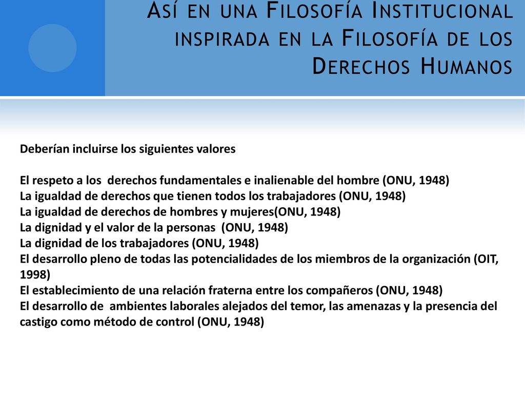 Así en una Filosofía Institucional inspirada en la Filosofía de los Derechos Humanos