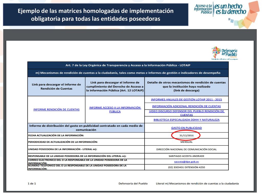 Ejemplo de las matrices homologadas de implementación obligatoria para todas las entidades poseedoras