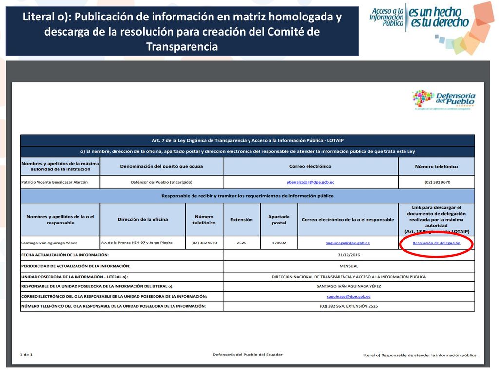 Literal o): Publicación de información en matriz homologada y descarga de la resolución para creación del Comité de Transparencia