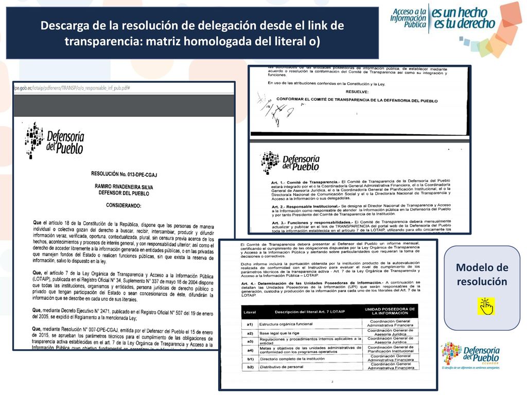 Descarga de la resolución de delegación desde el link de transparencia: matriz homologada del literal o)