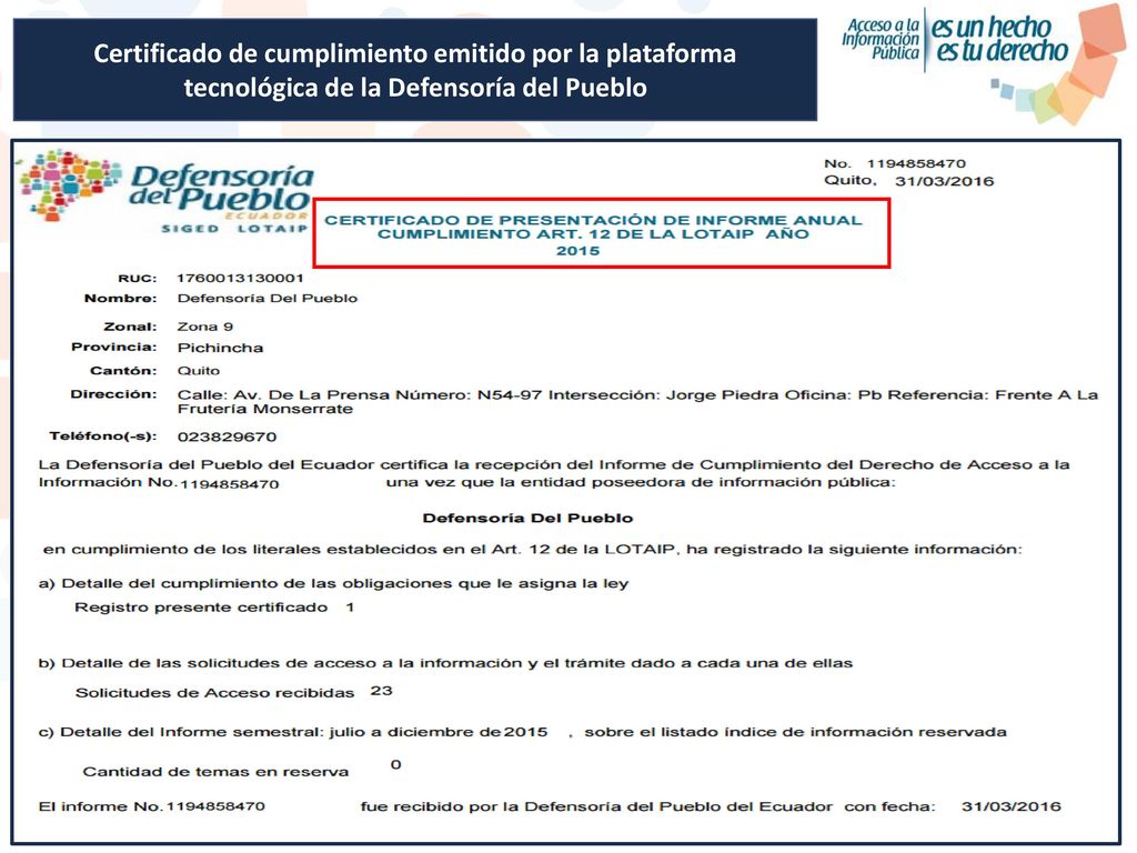 Certificado de cumplimiento emitido por la plataforma tecnológica de la Defensoría del Pueblo