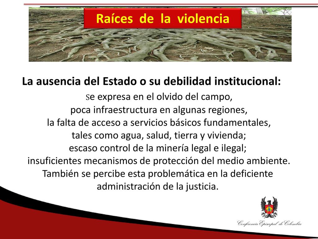 Raíces de la violencia La ausencia del Estado o su debilidad institucional: Se expresa en el olvido del campo,