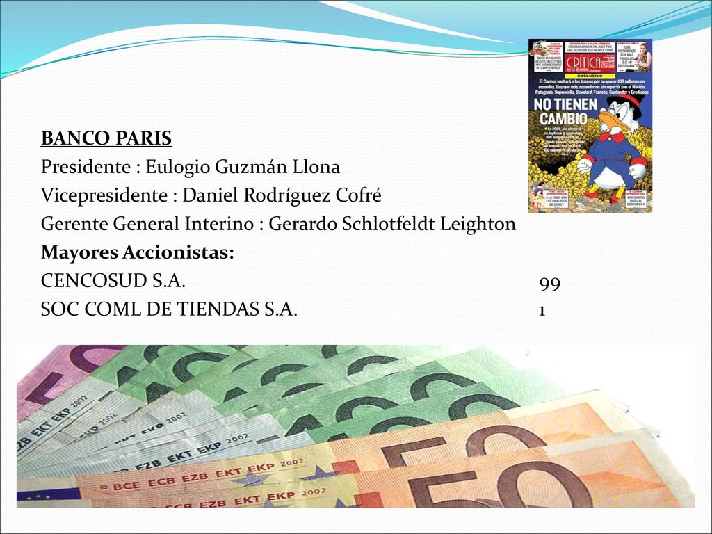 BANCO PARIS Presidente : Eulogio Guzmán Llona Vicepresidente : Daniel Rodríguez Cofré Gerente General Interino : Gerardo Schlotfeldt Leighton Mayores Accionistas: CENCOSUD S.A.