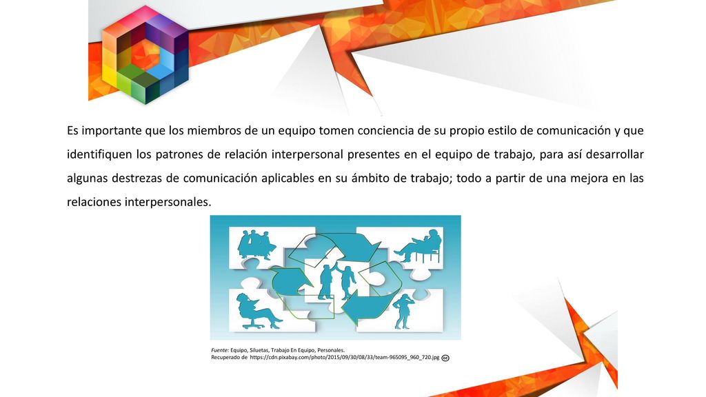 Es importante que los miembros de un equipo tomen conciencia de su propio estilo de comunicación y que identifiquen los patrones de relación interpersonal presentes en el equipo de trabajo, para así desarrollar algunas destrezas de comunicación aplicables en su ámbito de trabajo; todo a partir de una mejora en las relaciones interpersonales.
