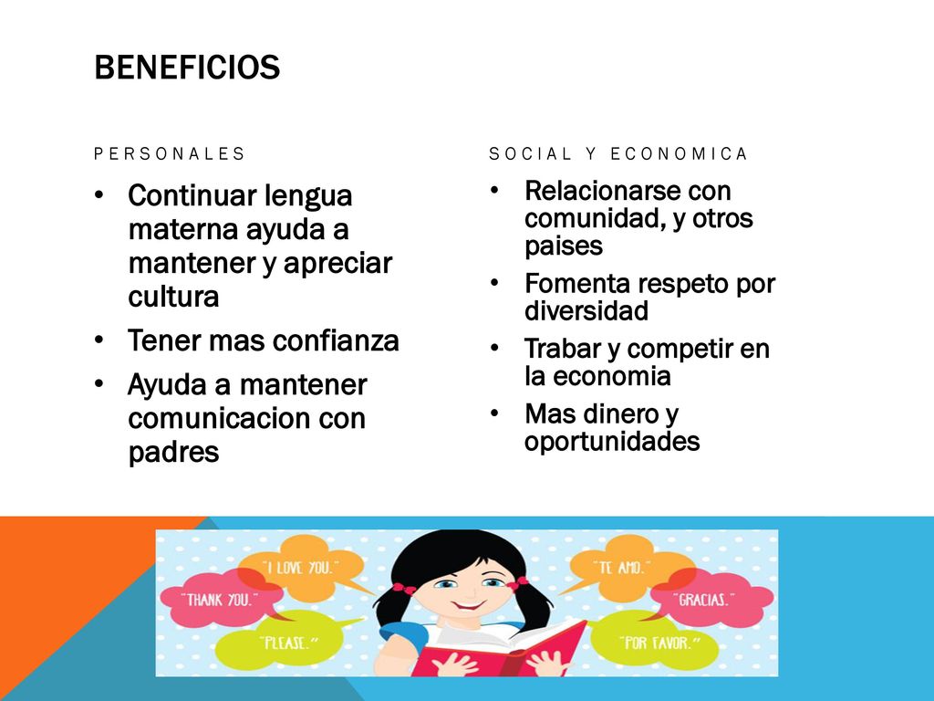 Beneficios Personales. Social y Economica. Continuar lengua materna ayuda a mantener y apreciar cultura.