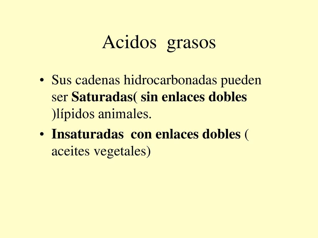 Acidos grasos Sus cadenas hidrocarbonadas pueden ser Saturadas( sin enlaces dobles )lípidos animales.