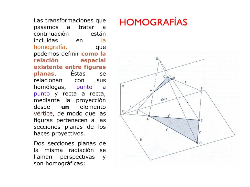 Las transformaciones que pasamos a tratar a continuación están incluidas en la homografía, que podemos definir como la relación espacial existente entre figuras planas. Éstas se relacionan con sus homólogas, punto a punto y recta a recta, mediante la proyección desde un elemento vértice, de modo que las figuras pertenecen a las secciones planas de los haces proyectivos.