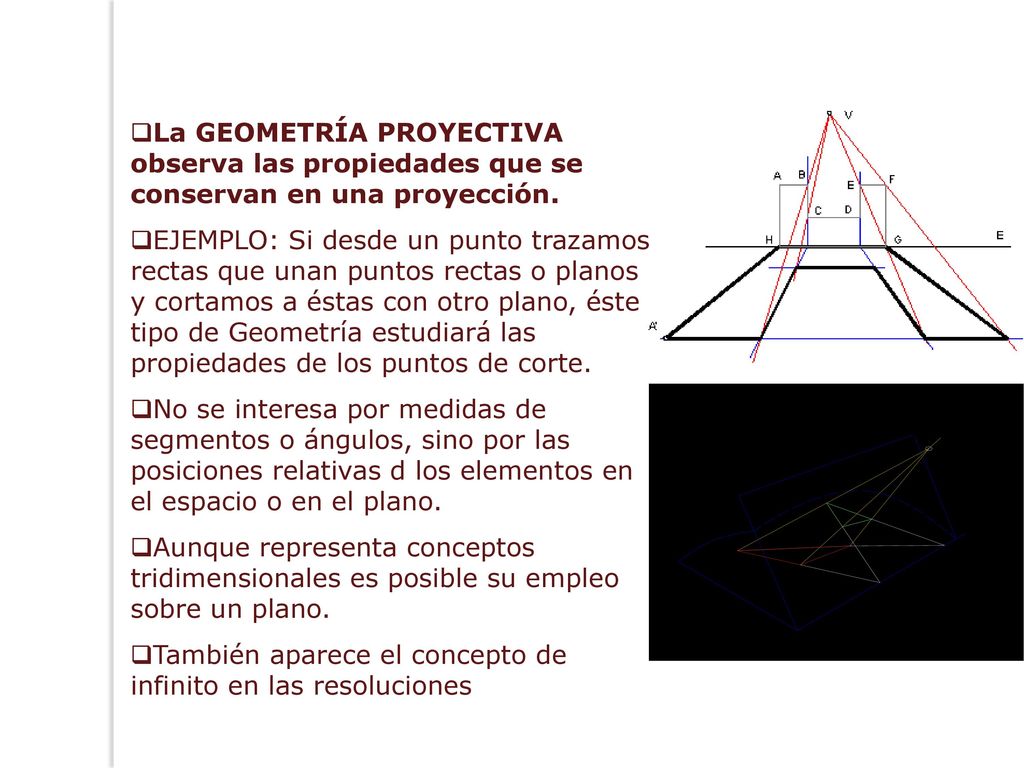 La GEOMETRÍA PROYECTIVA observa las propiedades que se conservan en una proyección.