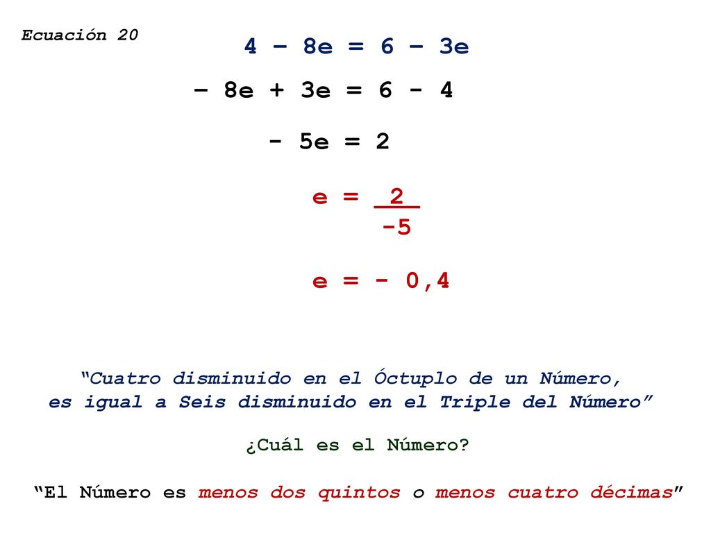 4 – 8e = 6 – 3e – 8e + 3e = e = 2 e = e = - 0,4