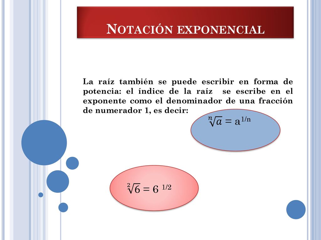 Notación exponencial 𝑛 𝑎 = a1/n 2 6 = 6 1/2