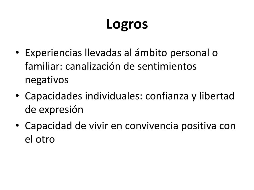 Logros Experiencias llevadas al ámbito personal o familiar: canalización de sentimientos negativos.