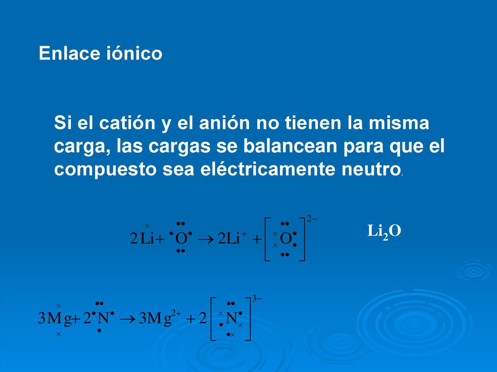 Enlace iónico Si el catión y el anión no tienen la misma carga, las cargas se balancean para que el compuesto sea eléctricamente neutro.