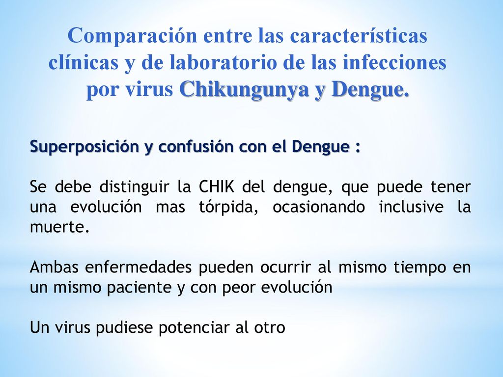 Comparación entre las características clínicas y de laboratorio de las infecciones por virus Chikungunya y Dengue.