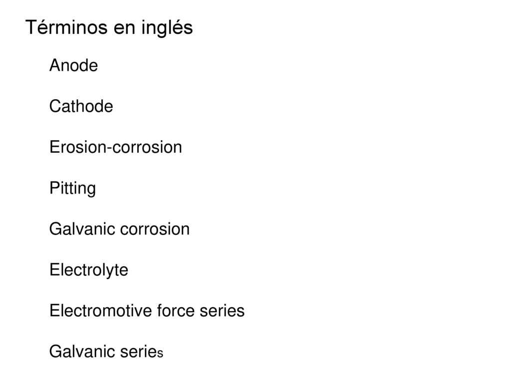 Términos en inglés Anode Cathode Erosion-corrosion Pitting