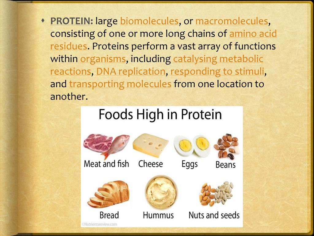 PROTEIN: large biomolecules, or macromolecules, consisting of one or more long chains of amino acid residues.