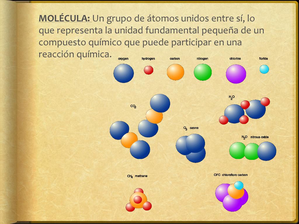MOLÉCULA: Un grupo de átomos unidos entre sí, lo que representa la unidad fundamental pequeña de un compuesto químico que puede participar en una reacción química.