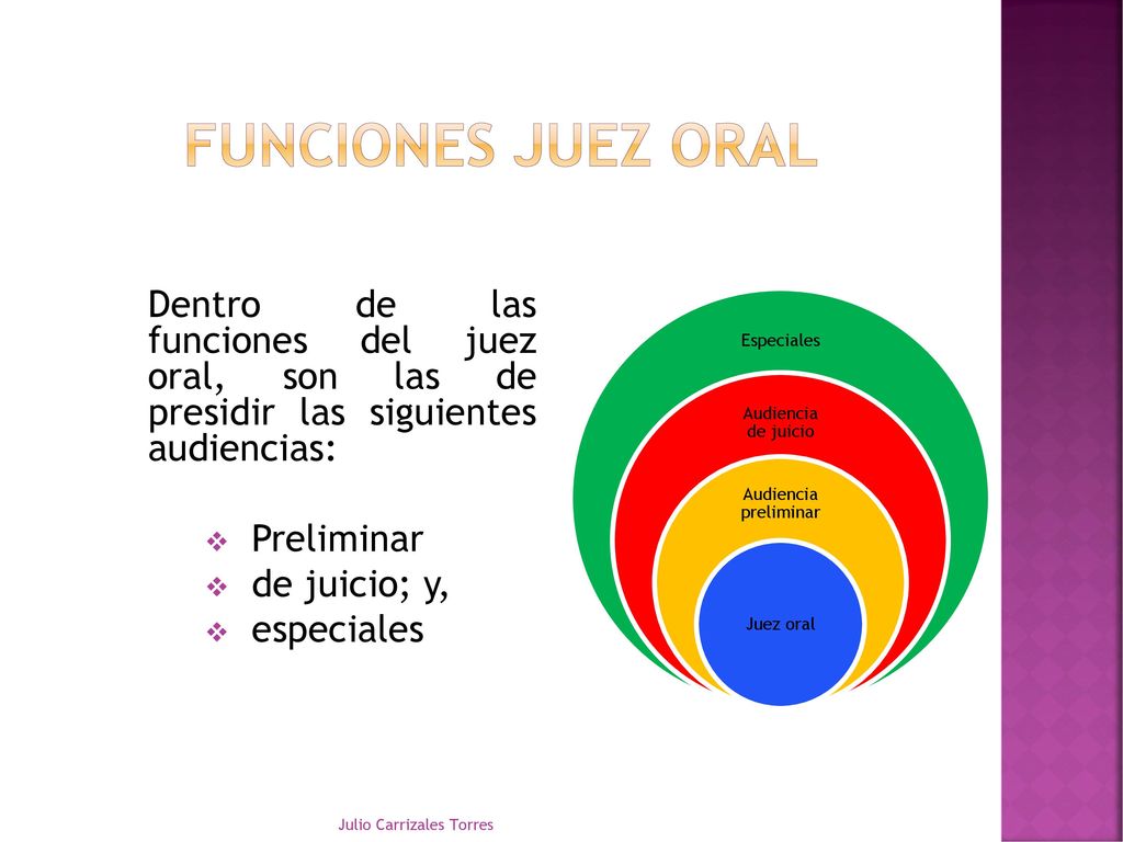 Funciones juez oral Dentro de las funciones del juez oral, son las de presidir las siguientes audiencias: