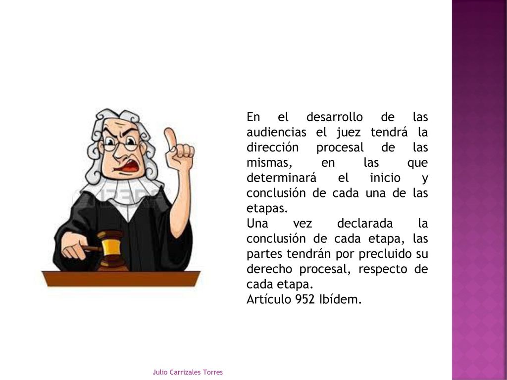 En el desarrollo de las audiencias el juez tendrá la dirección procesal de las mismas, en las que determinará el inicio y conclusión de cada una de las etapas.