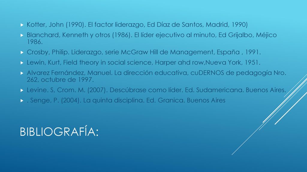 Kotter, John (1990). El factor liderazgo, Ed Díaz de Santos, Madrid, 1990)