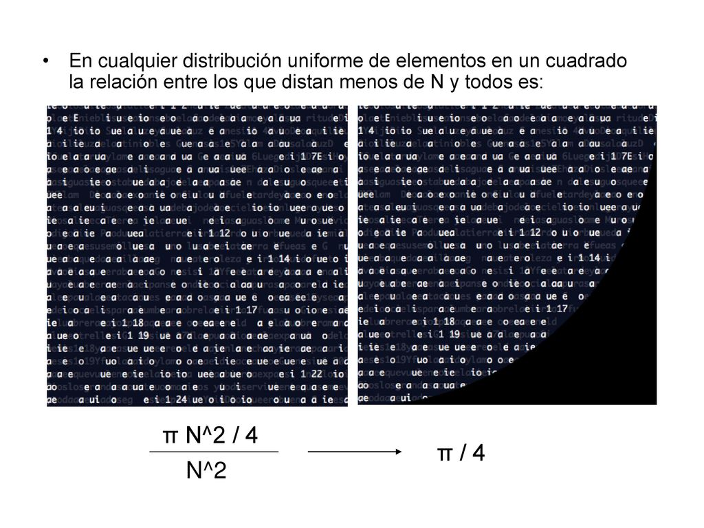 En cualquier distribución uniforme de elementos en un cuadrado la relación entre los que distan menos de N y todos es: