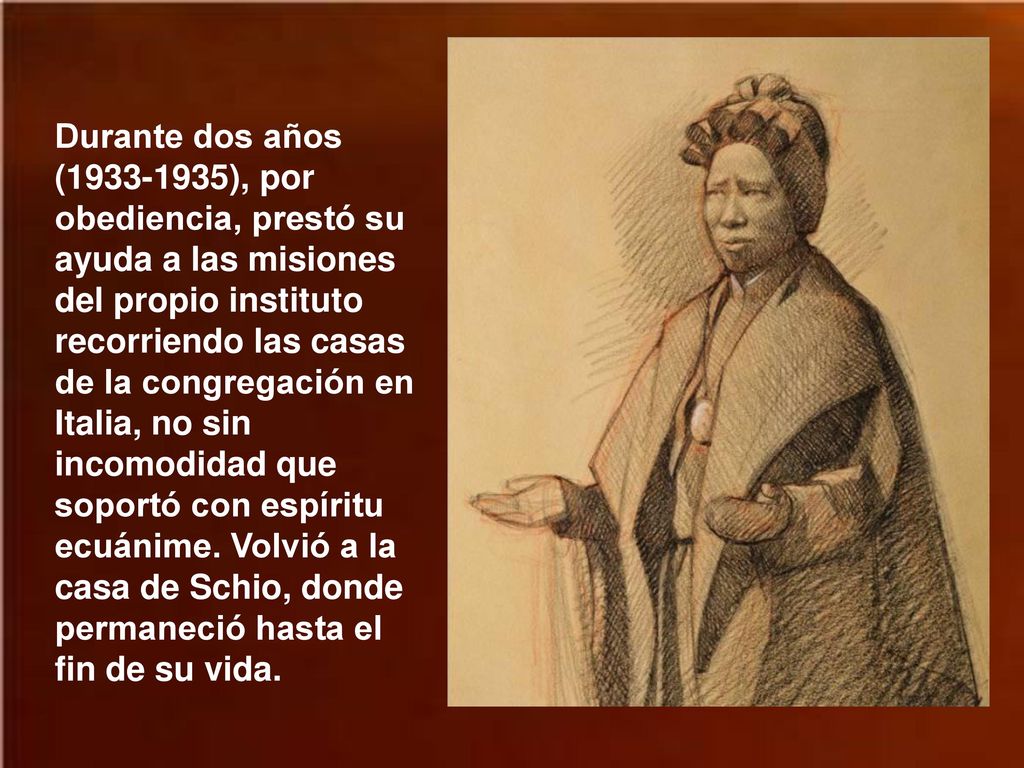 Durante dos años ( ), por obediencia, prestó su ayuda a las misiones del propio instituto recorriendo las casas de la congregación en Italia, no sin incomodidad que soportó con espíritu ecuánime.