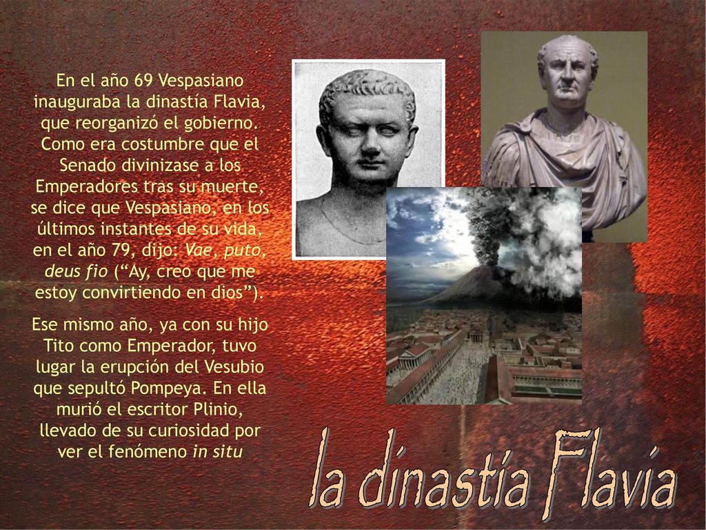 En el año 69 Vespasiano inauguraba la dinastía Flavia, que reorganizó el gobierno. Como era costumbre que el Senado divinizase a los Emperadores tras su muerte, se dice que Vespasiano, en los últimos instantes de su vida, en el año 79, dijo: Vae, puto, deus fio ( Ay, creo que me estoy convirtiendo en dios ).