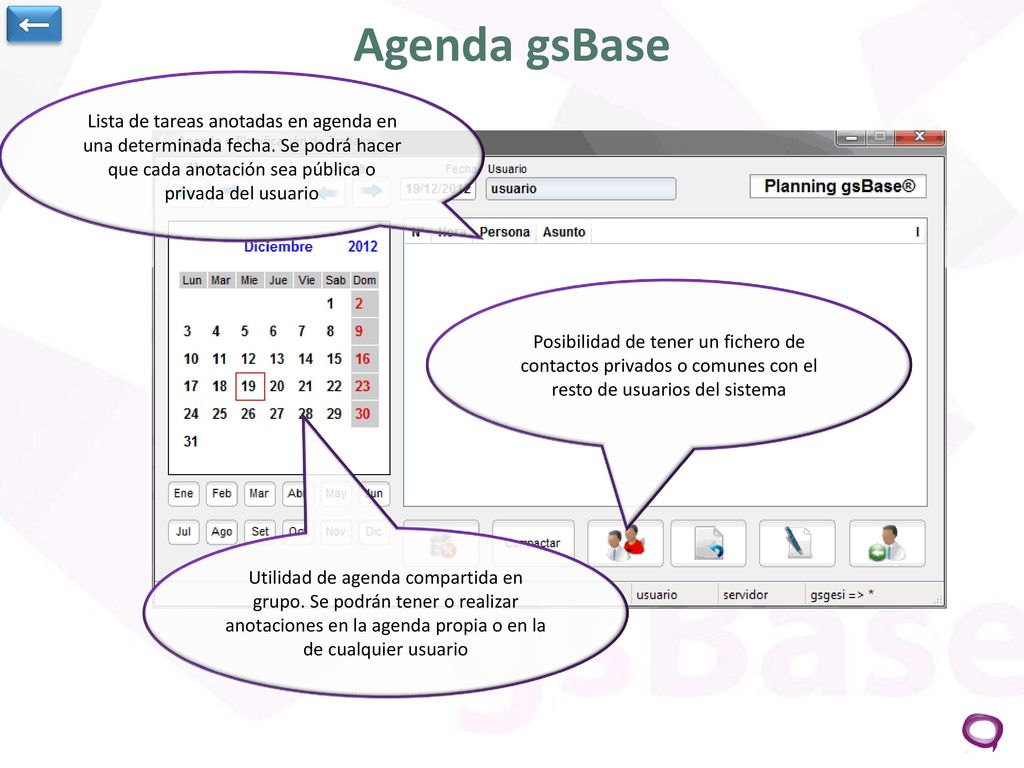 ← Agenda gsBase. Lista de tareas anotadas en agenda en una determinada fecha. Se podrá hacer que cada anotación sea pública o privada del usuario.