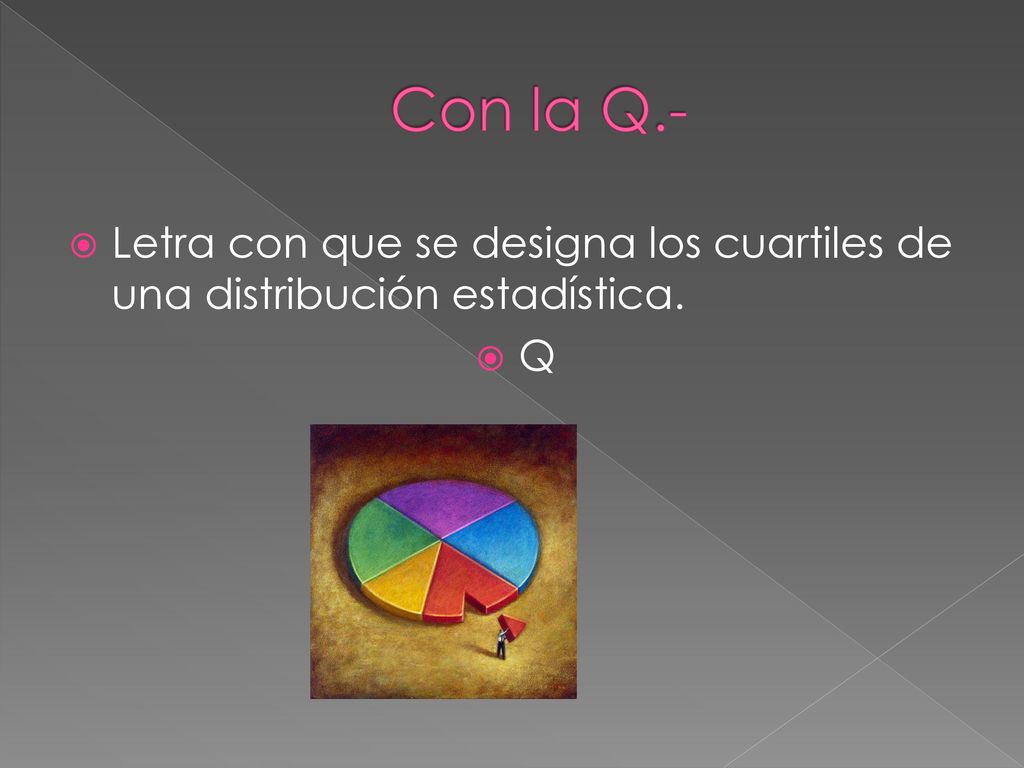 Con la Q.- Letra con que se designa los cuartiles de una distribución estadística. Q