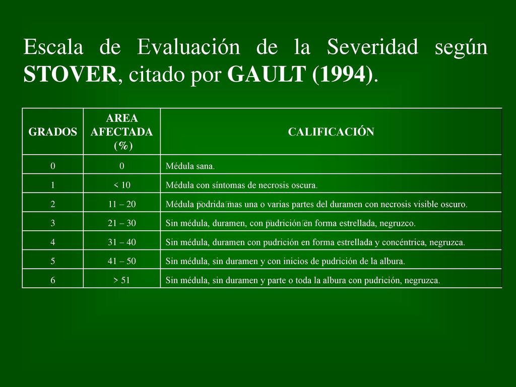 Escala de Evaluación de la Severidad según STOVER, citado por GAULT (1994).