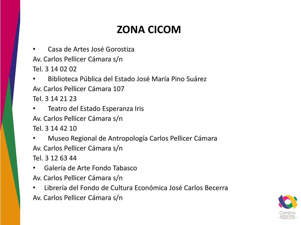 ZONA CICOM Casa de Artes José Gorostiza Av. Carlos Pellicer Cámara s/n
