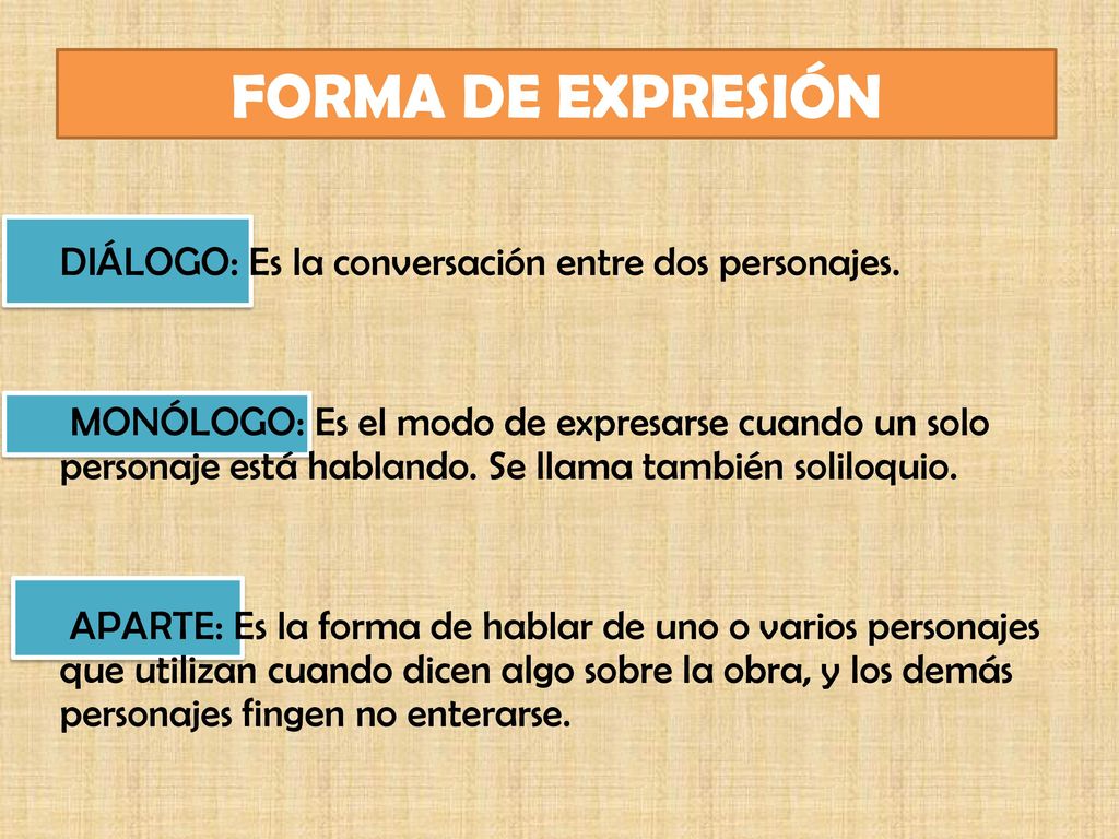 FORMA DE EXPRESIÓN DIÁLOGO: Es la conversación entre dos personajes.