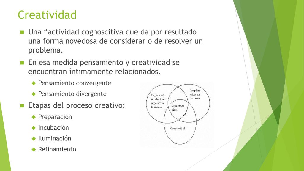 Creatividad Una actividad cognoscitiva que da por resultado una forma novedosa de considerar o de resolver un problema.