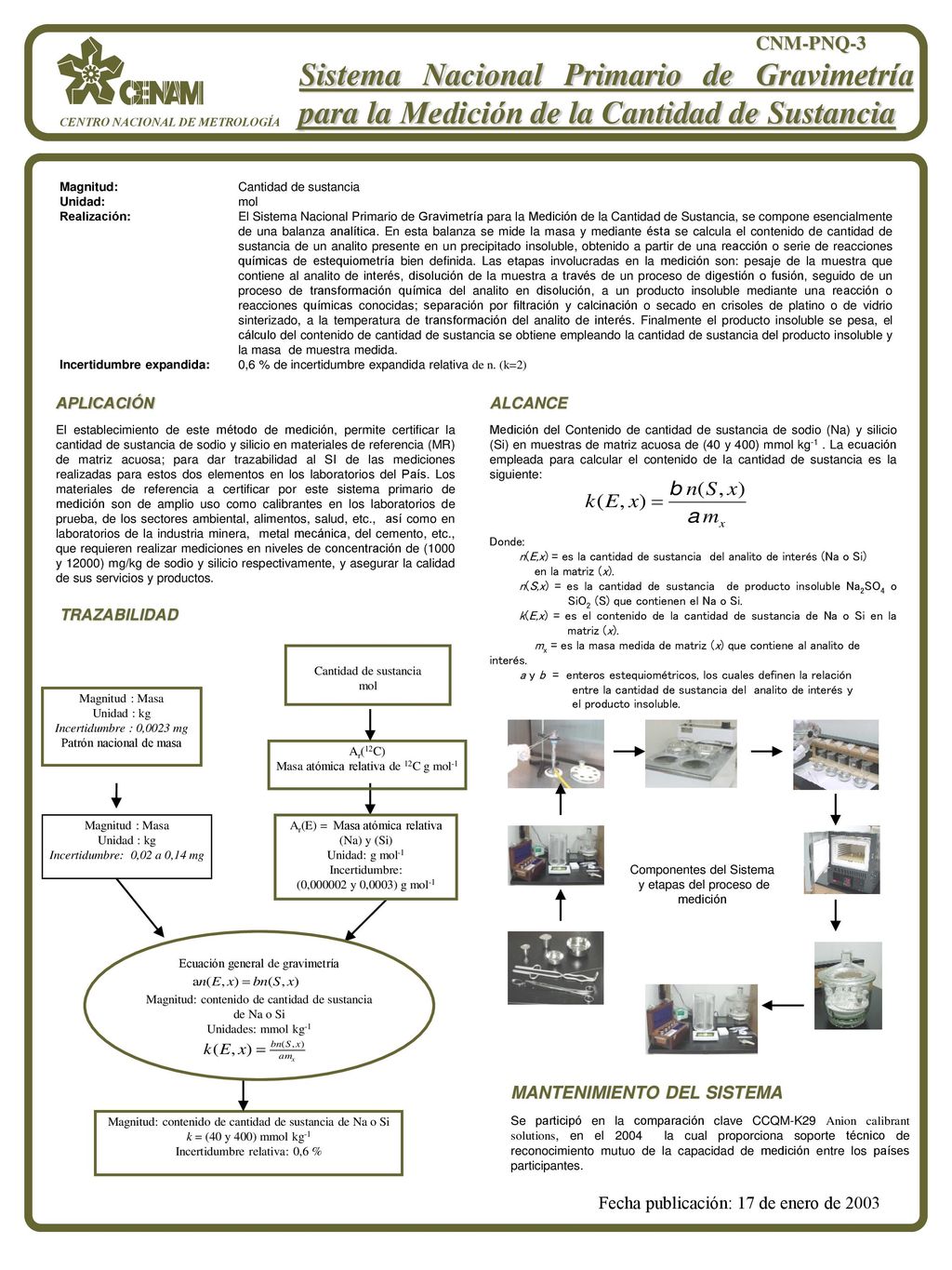 CNM-PNQ-3 Sistema Nacional Primario de Gravimetría para la Medición de la Cantidad de Sustancia. CENTRO NACIONAL DE METROLOGÍA.