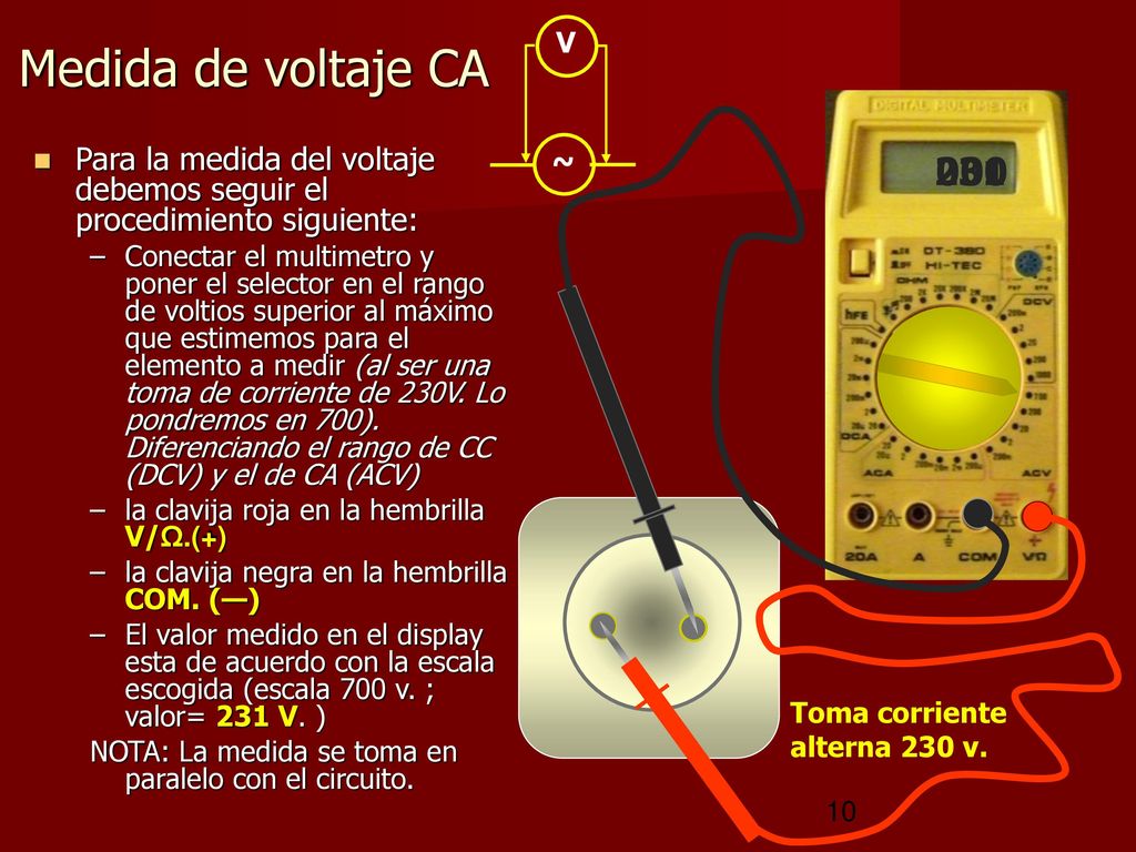 V ~ Medida de voltaje CA. Para la medida del voltaje debemos seguir el procedimiento siguiente: