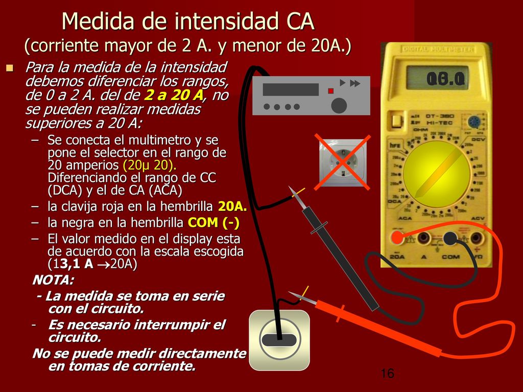 Medida de intensidad CA (corriente mayor de 2 A. y menor de 20A.)