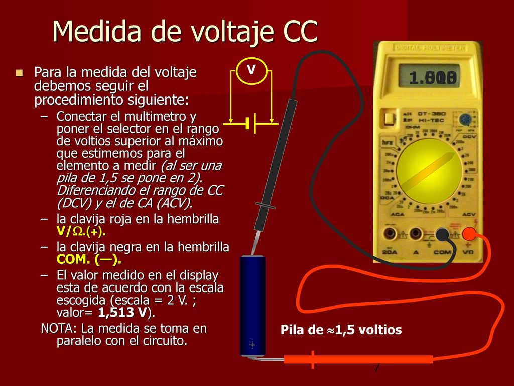 Medida de voltaje CC V. Para la medida del voltaje debemos seguir el procedimiento siguiente: