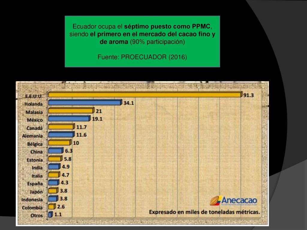 Ecuador ocupa el séptimo puesto como PPMC, siendo el primero en el mercado del cacao fino y de aroma (90% participación)