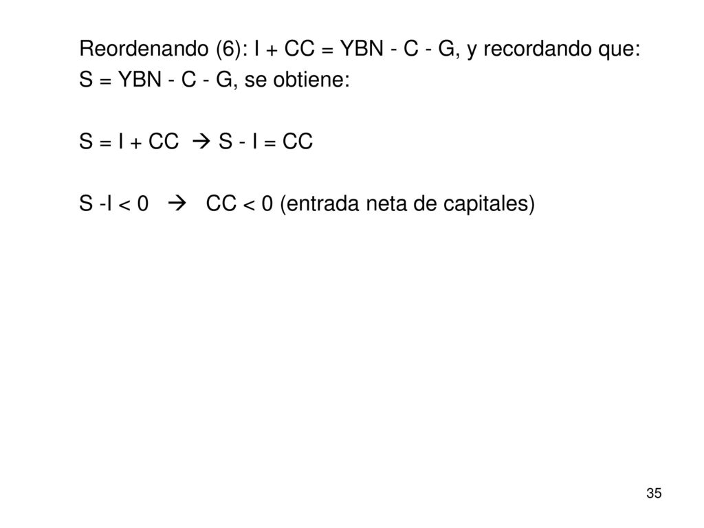 Reordenando (6): I + CC = YBN - C - G, y recordando que: