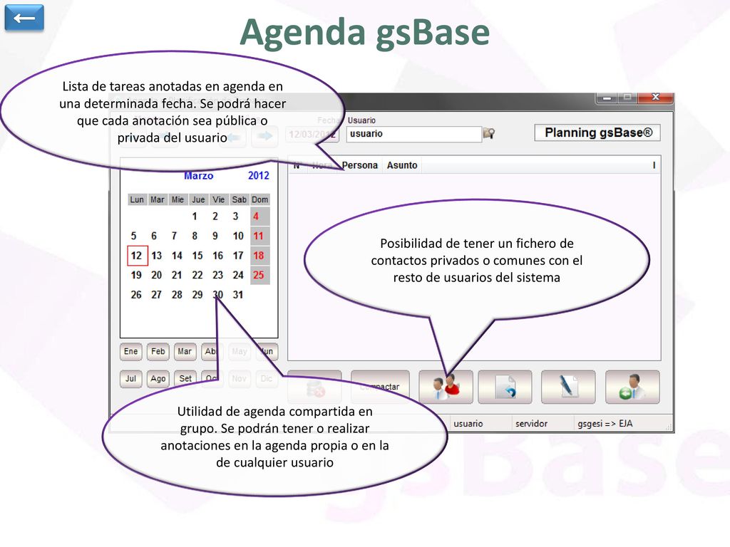 ← Agenda gsBase. Lista de tareas anotadas en agenda en una determinada fecha. Se podrá hacer que cada anotación sea pública o privada del usuario.