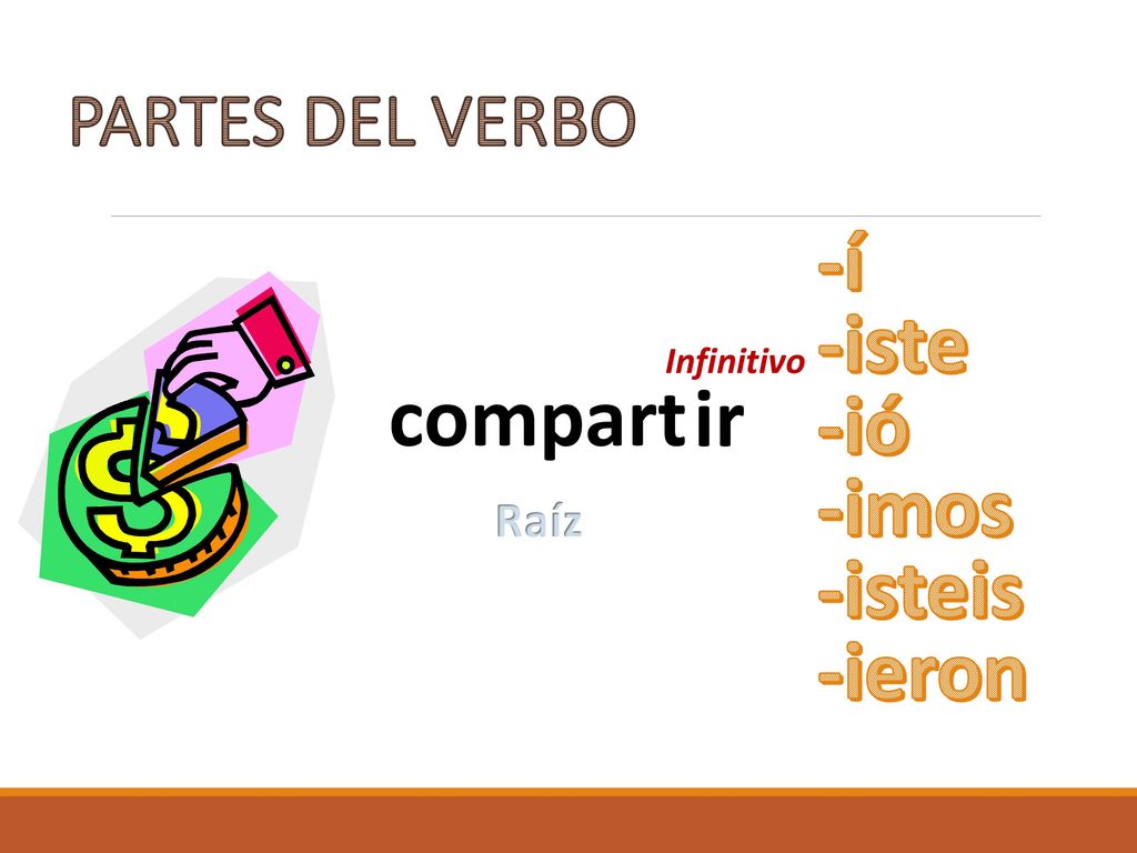 -í -iste -ió -imos compart ir -isteis -ieron PARTES DEL VERBO Raíz